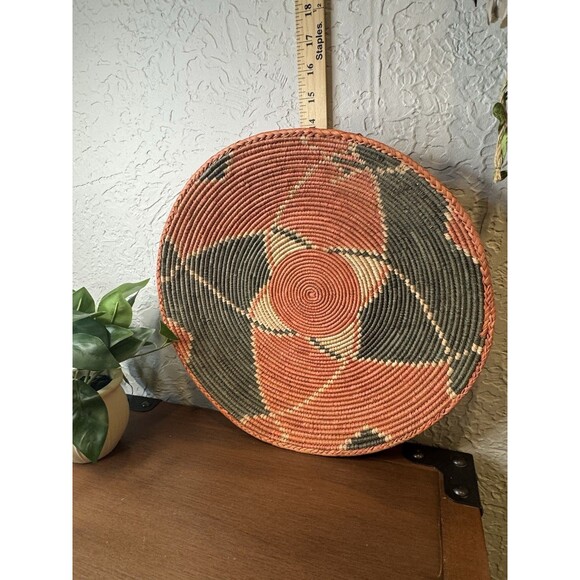 Large Handwoven Coiled Boho Style Basket Wall Decor Black Rust 14” - Picture 2 of 7